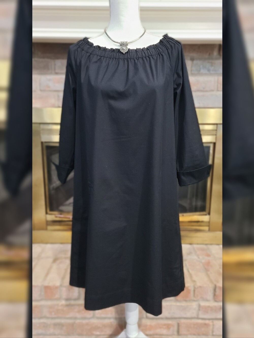J.Jill black shift dress smocked/elastic gathered neckline 3/4 sleeves